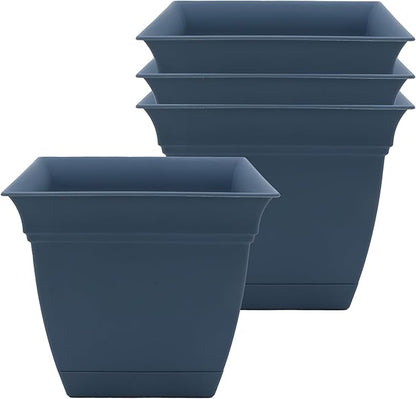 The HC Companies 8 Inch Eclipse Square Planter Pots with Drainage Holes & Attached Saucer, Lightweight UV-Resistant Plastic Indoor Outdoor Planters, 4-Pack Flower Pots, Garden Home Decor, Slate Blue