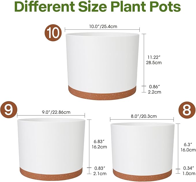 GARDIFE 10/9/8 Inch Modern Cylinder Planter, Plant Pots for Indoor Outdoor Plants, Flower Pots with Drainage Holes and Saucers for Garden Succulent Nursery House Plants (White-Brown)