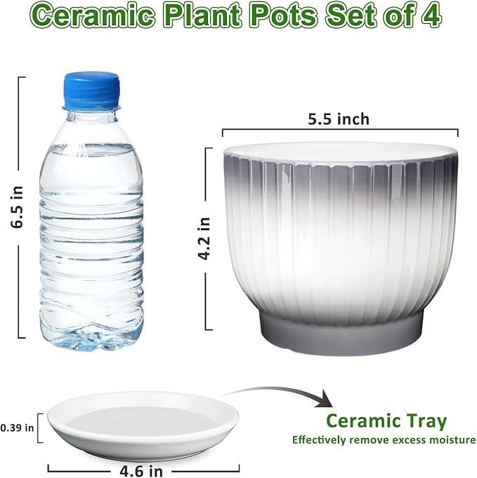Ceramic Plant Pots,5.5 Inch,Set of 4,Planters with Drainage Hole and Saucer,Flower pots for Indoor Plants,Modern Design(Gray+White)