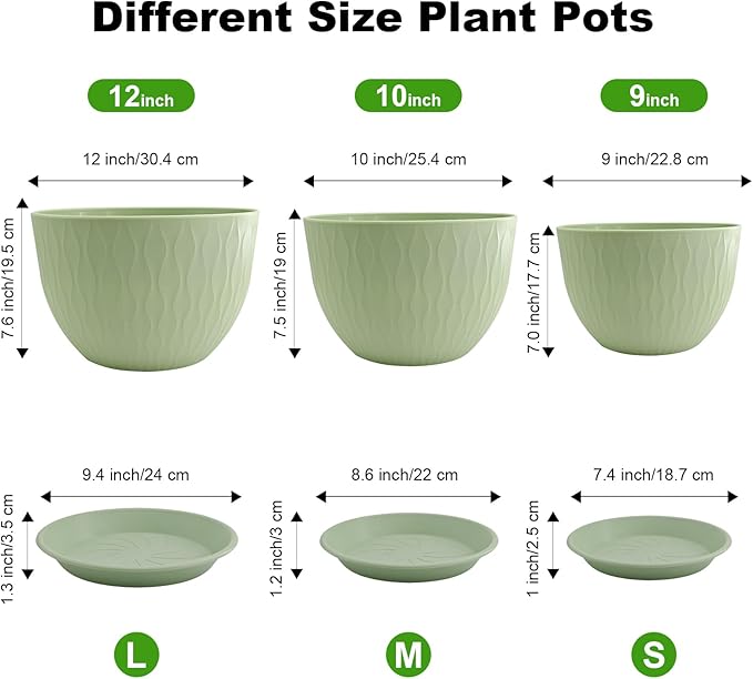 12/10/9 inch Plant Pots, 3 Pack Flower Pots for Outdoor Indoor Garden Plants, Large Planters with Multi Mesh Drainage Holes and Saucer (Green, 12"+10"+9")