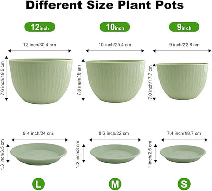 12/10/9 inch Plant Pots, 3 Pack Flower Pots for Outdoor Indoor Garden Plants, Large Planters with Multi Mesh Drainage Holes and Saucer (Green, 12"+10"+9")