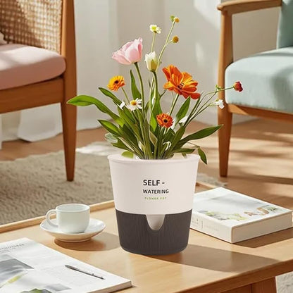 Flower and Plant Pot, Self Watering Plastic Plants Planter with Drainage Holes and Saucers, Modern Outdoor Indoor Decorative Flower Pot for Plants, Flowers, Herbs, Succulents (White, 7.5 inch)