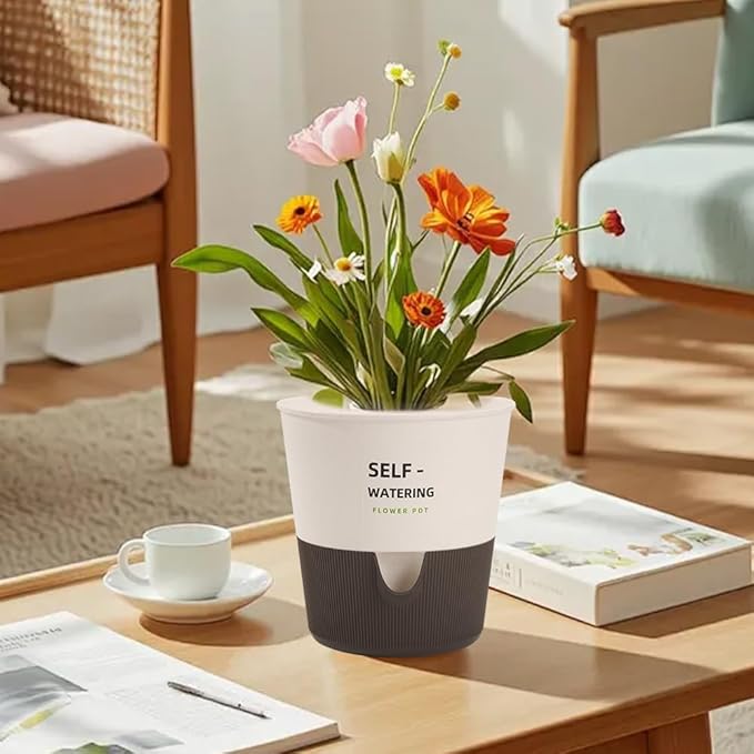 5/6.5/7.5 Inch Self Watering Pots for Indoor/Outdoor ,4 Pack plastic Planters for Indoor Plants with Drainage Holes and Saucers, Modern Decorative Flower Pot for Plants (White, 5-Inch, 4-Pack)