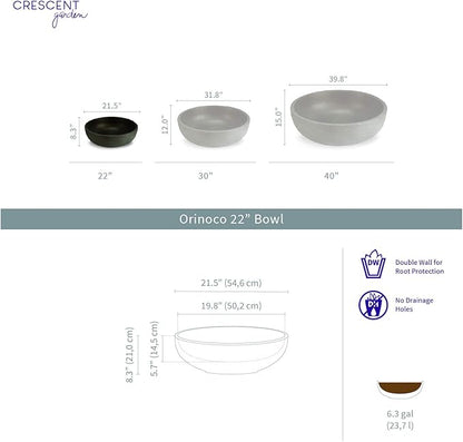 Crescent Garden Orinoco Planter Bowl – Double-Walled Resin Pot for Succulents, Flowers Without Drain Hole - 21" W x 8.25" H (Weathered Concrete)