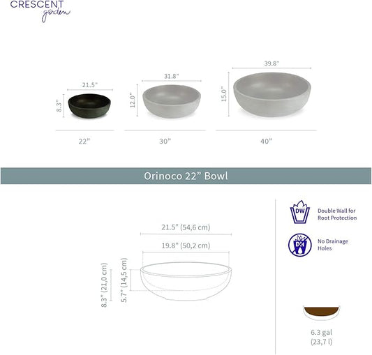 Crescent Garden Orinoco Planter Bowl – Double-Walled Resin Pot for Succulents, Flowers Without Drain Hole - 21" W x 8.25" H (Weathered Concrete)