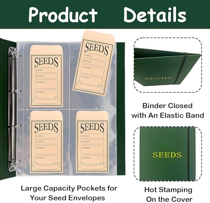 Seed Storage Organizer Binder,3 Ring Seed Packet Organizer with 100 Pockets(25 Pack Clear Sheet Protectors), Garden Seed Holder Book for Envelopes, Seed Saving Keeper, Green
