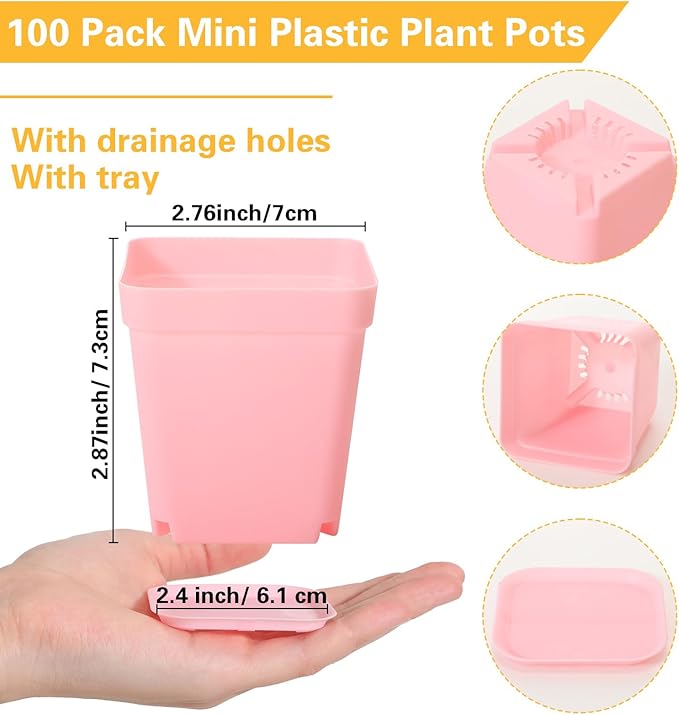 Tioncy 100 Pcs 3 Inch Mini Plant Pots with Tray, Colorful Plastic Plant Pots Flower Seedling Pots Nursery Pots with Saucers for Garden, Indoor Outdoor, Home, Office, Balcony Decor