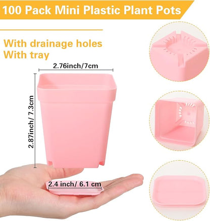 Tioncy 100 Pcs 3 Inch Mini Plant Pots with Tray, Colorful Plastic Plant Pots Flower Seedling Pots Nursery Pots with Saucers for Garden, Indoor Outdoor, Home, Office, Balcony Decor