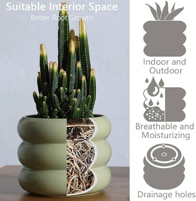 Boho 6.5 Inch Modern Ceramic Plant Pot - Green Glaze Succulent Planter with Drainage Holes, Cute Bubble Porcelain for Indoor Herbs, Snake Plants, and Home Decor