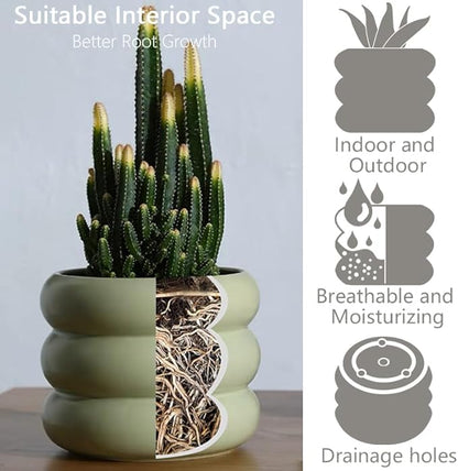 Boho 6.5 Inch Modern Ceramic Plant Pot - Green Glaze Succulent Planter with Drainage Holes, Cute Bubble Porcelain for Indoor Herbs, Snake Plants, and Home Decor