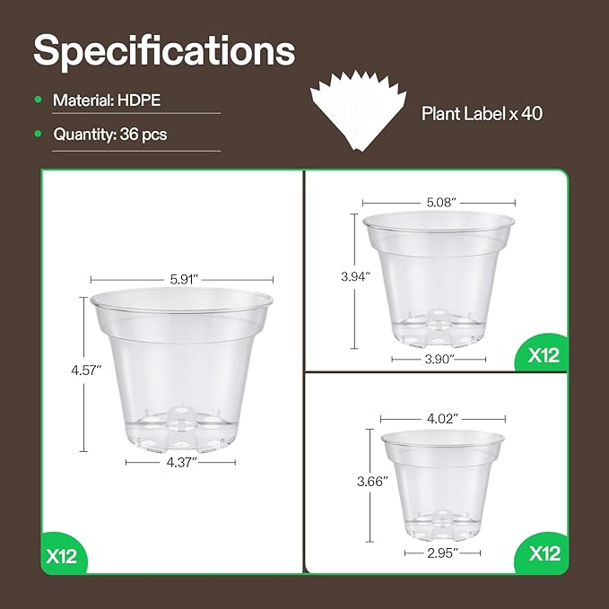 VIVOSUN 72 Packs 4/5/6 Inch Clear Nursery Pots with Drainage Holes, Reinforced Plastic Seedling Pots for Plants, Flowers, Cuttings, and Succulents, 40 pcs Plant Labels