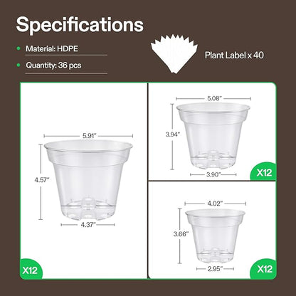 VIVOSUN 72 Packs 4/5/6 Inch Clear Nursery Pots with Drainage Holes, Reinforced Plastic Seedling Pots for Plants, Flowers, Cuttings, and Succulents, 40 pcs Plant Labels