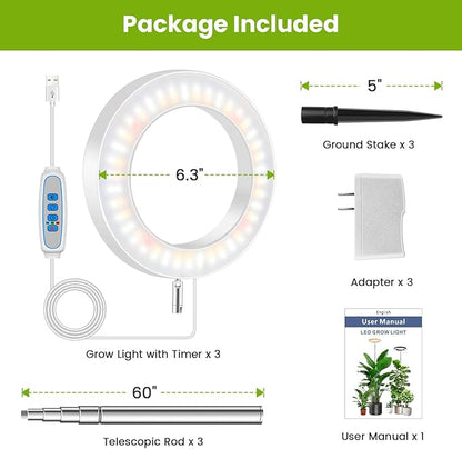 White Grow Light, Full Spectrum LED Plant Lighs for Indoor Growing with 6/12/16H Timer, 3 Color Modes, 5 Brightness, 10"-60" Height Adjustable Plant Lamp for Tall Indoor Plants (3 Pack)