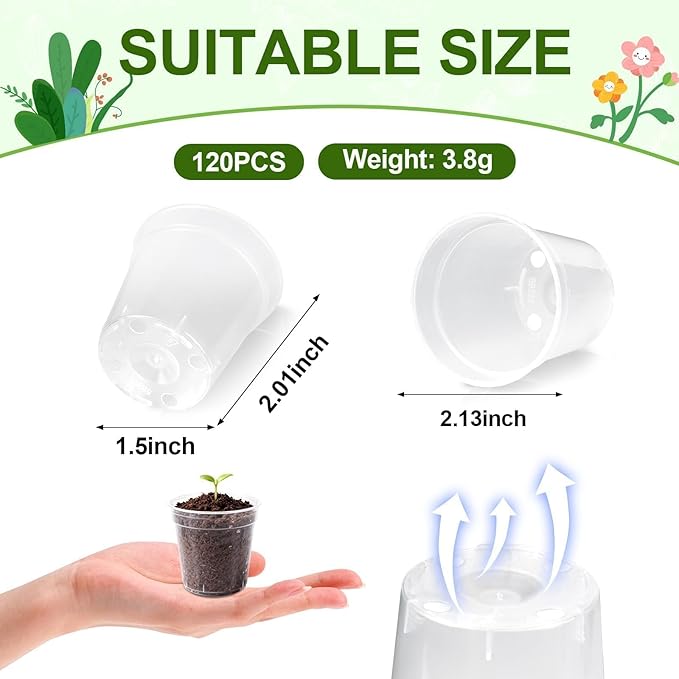 120 Pcs Clear Mini Nursery Pots for Plants, 2 Inch Plastic Seedling Clear Plant Pots with Drainage Holes, Seed Starting Trays for Various Seeds Indoor & Outdoor Flower Planters