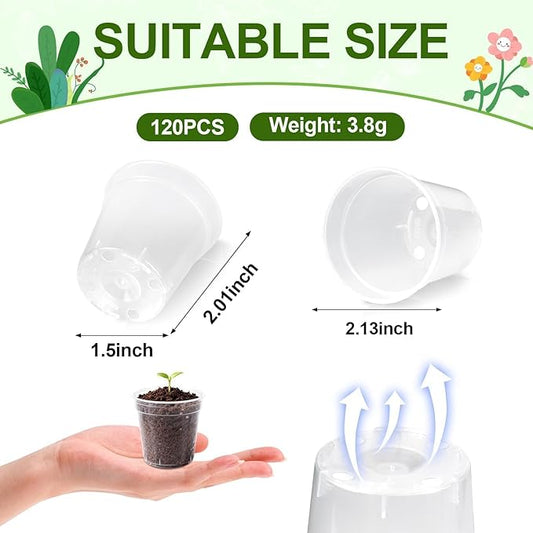 120 Pcs Clear Mini Nursery Pots for Plants, 2 Inch Plastic Seedling Clear Plant Pots with Drainage Holes, Seed Starting Trays for Various Seeds Indoor & Outdoor Flower Planters