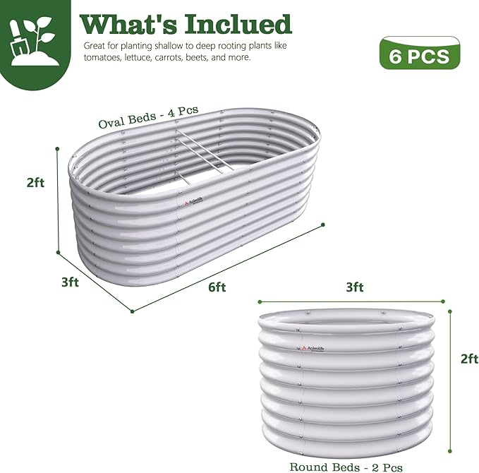 A ANLEOLIFE 6-Piece 24 Inch Tall Antique White Raised Garden Beds Kit, Oval & Round Metal Planters – Ideal for Backyard Vegetables Flowers Herbs