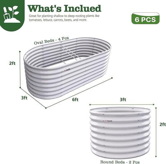 A ANLEOLIFE 6-Piece 24 Inch Tall Antique White Raised Garden Beds Kit, Oval & Round Metal Planters – Ideal for Backyard Vegetables Flowers Herbs