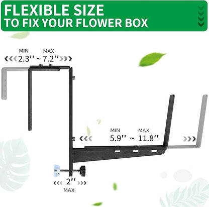 Window Box Brackets, Adjustable Planter Box Brackets, Heavy Duty Iron Flower Box Brackets for Railings, with Enhanced Bottom Support - Perfect for Balconies, Fences, and Gardens (Black, 2 Pack)
