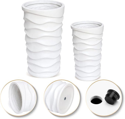 LuxenHome Tall Planters for Outdoor Plants, Set of 2 Indoor Outdoor Garden Plant Pots with Drainage Hole and Rubber Plug, Modern White Waves Flower Pot Concrete Planters for Home Garden Patio Porch
