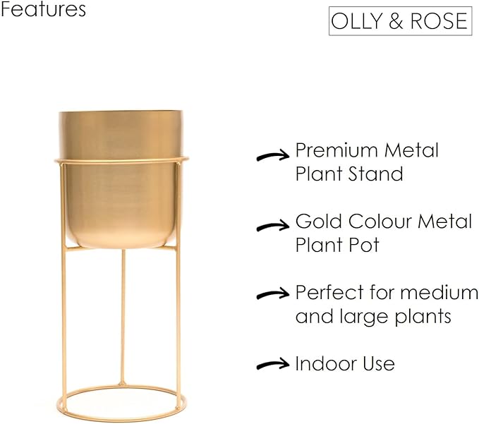 Olly & Rose Matt Metal Plant Pot with Gold Plant Stand - Tall 20 Inch Height Large Plant Pot Indoors with Stand - Large Decorative Planter