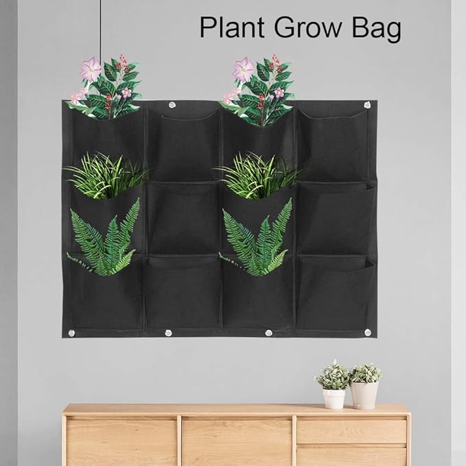 Plant Grow Bag for Vertical Gardening with 12 Pockets, Wall-Mounted Hanging Planter for Flowers and Vegetables, Felt Planting Bag for Indoor Outdoor Balcony and Patio Use in