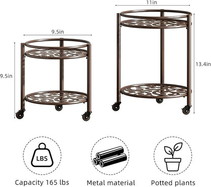 2 Tier Rolling Plant Stand with Wheels, Mid Century Modern Metal Stand for Planters, 2 Sizes 9 Inch & 11 Inch, Indoor Outdoor Movable Flower Pot Holder for Decor Home Garden Patio Load Bearing 165 LB 2 Pack Coffee