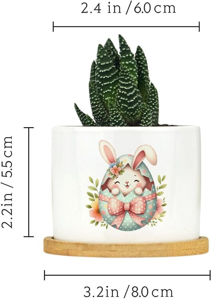 DreamAutumn Easter Bunny Peeking Ceramic Pots for Plants with Drainage Holes Round Flower Pot Bamboo Tray Orchid Pot Succulents Pots for Outdoor Indoor Plants