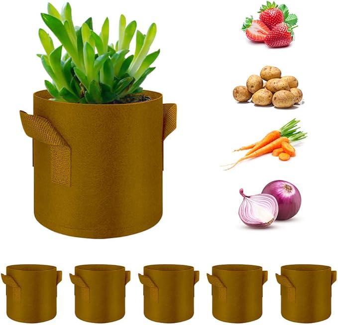 5-Pack 10 Gallon Grow Bags Heavy Duty Thickened Nonwoven Fabric Pots with Handles, Plant Grow Bags for Vegetables/Flower/Plant/Fruits, Brown