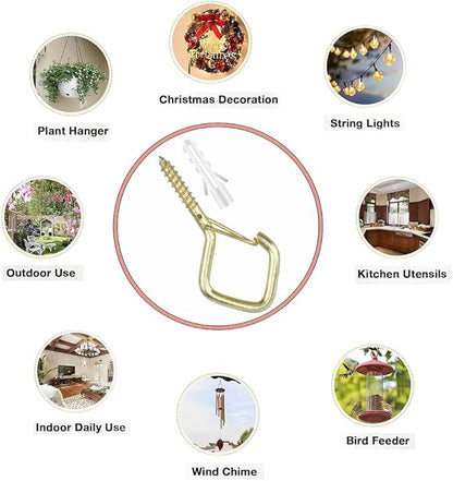 52-Pack Heavy-Duty Golden Screw Eye Hooks with Safety Clips | Metal Ceiling Hooks for Hanging Plants, Wind Chimes, Bird Feeders & Indoor/Outdoor Lights