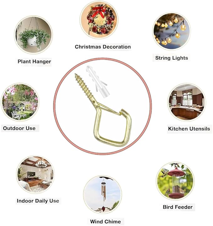 12-Pack Heavy-Duty Golden Screw Eye Hooks with Safety Clips | Metal Ceiling Hooks for Hanging Plants, Wind Chimes, Bird Feeders & Indoor/Outdoor Lights
