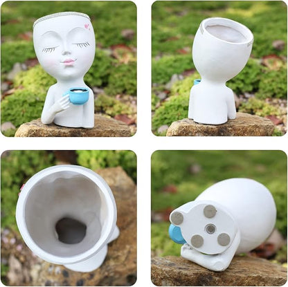 Face Planter Pot - Lady Face Flower Pot for Indoor & Outdoor Plants - Resin Succulent Planter with Drainage Hole, White