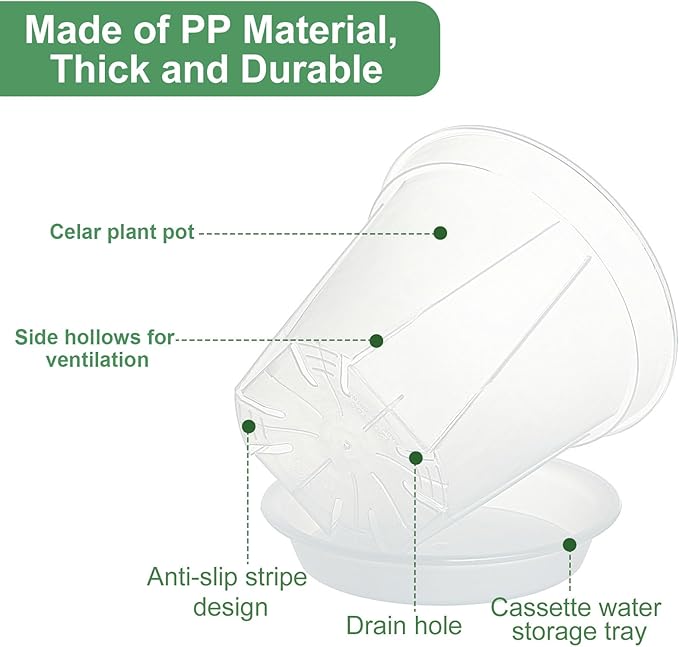 Plant Pots 7 inch Set of 3, Clear Plastic Nursery Pots with Drainage Holes and Saucers, Flowers Planter Pots for Indoor Outdoor Plants