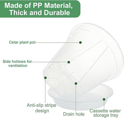 Plant Pots 7 inch Set of 3, Clear Plastic Nursery Pots with Drainage Holes and Saucers, Flowers Planter Pots for Indoor Outdoor Plants