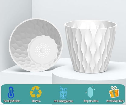 6 Pack 7 Inch Plant Pots with Drainage and Saucers, White Plastic Flower Pots for Indoor and Outdoor Plants, Stackable Nursery Planters for Houseplants and Herbs, White