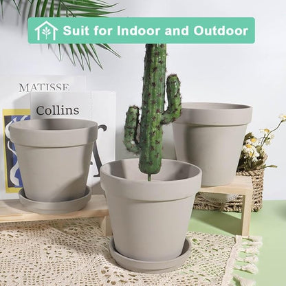 vensovo 6 Inch Grey Terracotta & Clay Pots for Plant with Saucer - 4 Pack Medium Terra Cotta Planter with Drainage Hole, Flowerpot for Indoor Outdoor Plants, Crafts, Wedding Favor