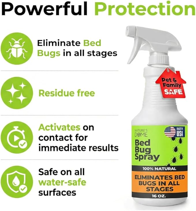 Nature's Dome Bed Bug Spray – 100% Kill Rate, 16 OZ Natural Bed Bug & Mite Killer, Destroys Eggs, Kills Resistant Strains, Long-Lasting Protection, Safe for Home Use