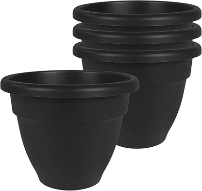 The HC Companies 6 Inch Caribbean Planter Pots with Drainage & Plug, Rolled Rim Plastic Planters for Indoor & Outdoor Plants, 4-Pack Decorative Flower Pots for Garden, Office & Home Decor, Black