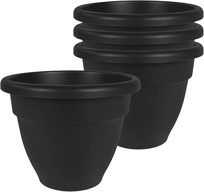 The HC Companies 8 Inch Caribbean Planter Pots with Drainage & Plug, Rolled Rim Plastic Planters for Indoor & Outdoor Plants, 4-Pack Decorative Flower Pots for Garden, Office & Home Decor, Black