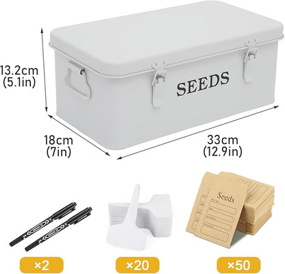 Seed Storage Organizer, 4 Compartment Seed Storage Box with Safety Lock, Metal Seed Box Container with 2 Pens, 20 Plant Labels and 50 Seed Envelopes for Seed Packet & Small Garden Tool, White