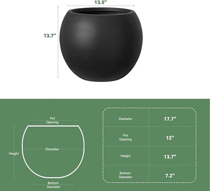 YOLENY 17.7'' Dia Large Round Planter with Drainage Hole, Sphere Planter Outdoor Indoor Plant Flower Pot with Rubber Plug for Garden Patio Balcony Home, Black