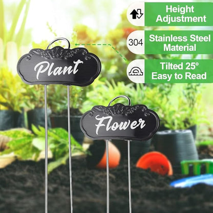 50 Packs Metal Plant Labels, Tall Outdoor Garden Markers for Flowers, Fruits and Vegetables, Weatherproof (Each 25 Pack, 4" x 1.9", Silver and Black)