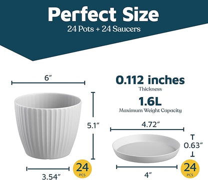 White 6-Inch Plant Pots with Drainage & Saucers 24 Pack, Indoor & Outdoor Planters for Houseplants, Herbs, and Flowers, Durable & Weatherproof Material, Stackable, Lightweight, Minimalist Design