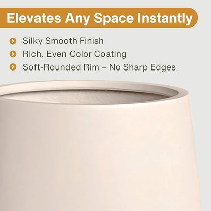 12.5" H x 11.4" D Corso Fiberstone Round Tapered Planter with Drainage Hole, Smooth Finishes, Weather Resistant, Included 2 Extra Coco Mats (Kilim Beige, 9" Pot Opening)