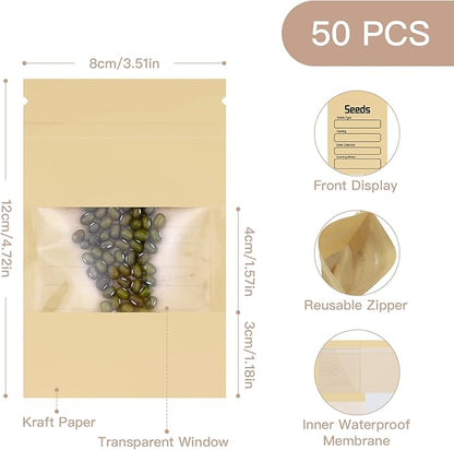 Seed Organizer Binder with 50 PCS Resealable Seed Envelopes - 50 Storage Pockets, 3.5x5 Inch Clear Sleeves, Seed Saver for Garden Lover - Pink