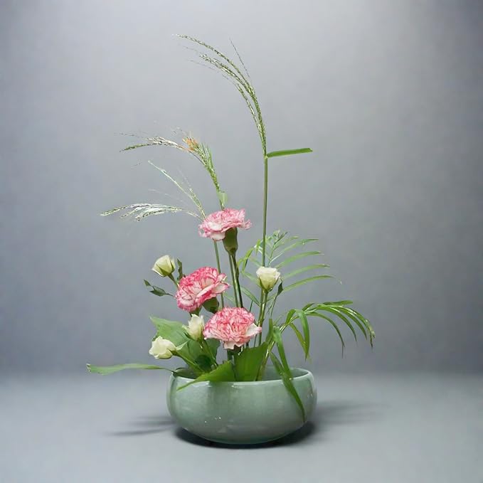 Water Lotus Bowl Planter Kit - Japanese Compote Bowl Ikebana Vase Set w/ 1.8" Floral Frog- Ideal for Ikebana, Flower Arrangement & Hydroponic Planting (Ice Crackle Celadon)