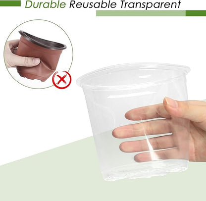 7 Inch Clear Nursery Pots for Plants with Sacuers 15 Pack, Plastic Flower Pots with Drainage Holes, Variety Pack Seedlings Garden Pot for Indoor Outdoor (7 inch)