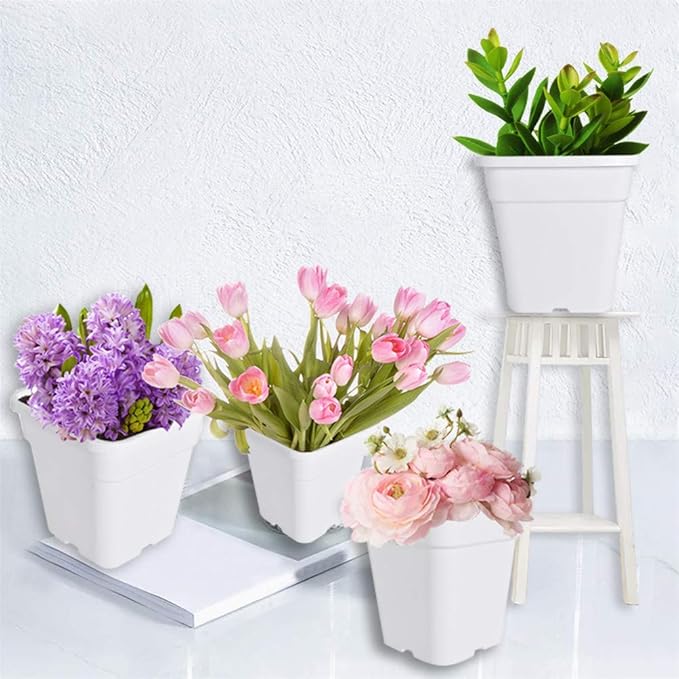 Plant Nursery Pot 10-Pack 1 Gallon Square Plastic Garden Planter Pots Flower Seedling Injection Molded Container Seed Starting Pot Set for Indoor Outdoor Plants Seedlings Vegetables White