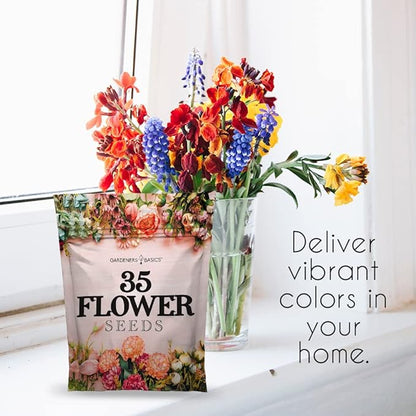 Gardeners Basics, Flower Seeds Packets for Planting 35 Individual Varieties Perennial, Annual, Wildflower Seeds for Planting Outdoors for Bees and Butterflies - Semillas de Flores Hermosas