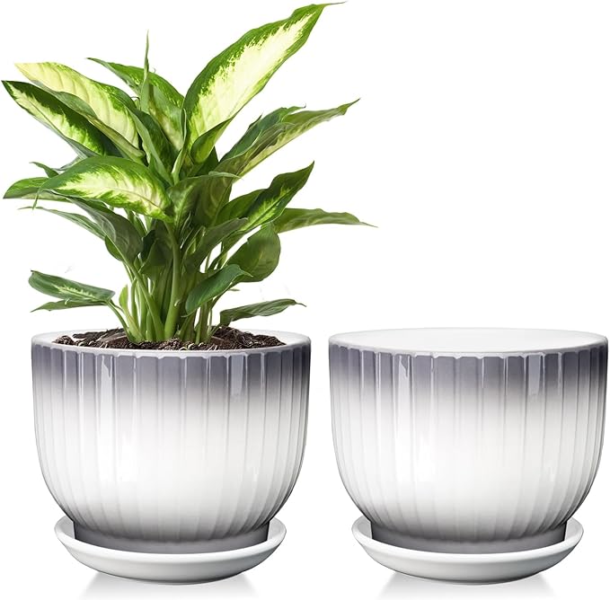 Ceramic Plant Pots,6.7 Inch,Set of 2,Planters with Drainage Hole and Saucer,Flower pots for Indoor Plants,Modern Design(Gray+White)