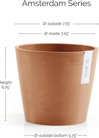 Ecopots Amsterdam Durable Modern Round Indoor/Outdoor Recycled-Based Composite Flower Pot Planter, Terracotta Color, 8"